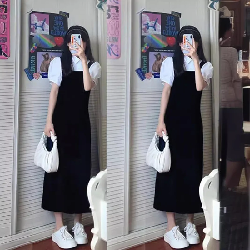 

Youthful College Style Dress Two-Piece Set Summer Outfit2025New Style Plus Size French Gentle Style Shirt Dress with Straps