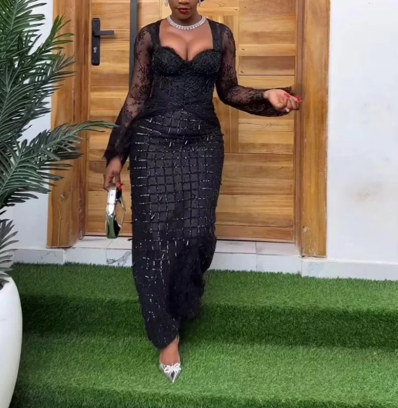 

Customized 2026 Black Mermaid 3D Lace Beaded Party Evening Dress Sexy V-neck Suitable for Second Reception Formal Ball Dress