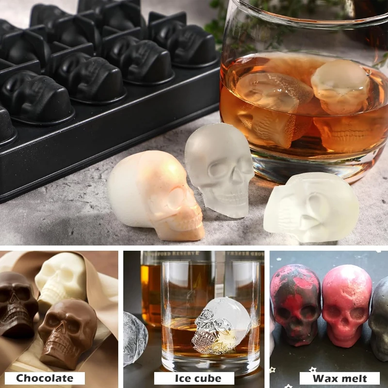 Eiswürfelform mit Totenkopfkopf-Motiv, 10 Mulden, mit Trichter, Eisform zum Kühlen von Whiskygetränken, 3D-Schädel-Silikonform zum Backen von Halloween – Detail 5