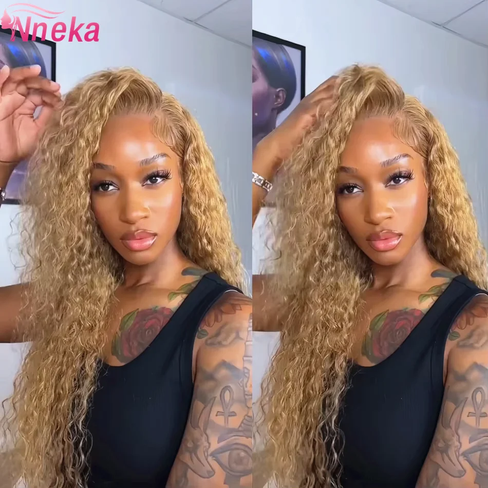 Curly Honey Blonde Wig Human Hair 13x6 Deep Wave Frontal Wigs For Women 13x4 Hd Water Wave Lace Front Wig #27 Colored Wig 30Inch image 2