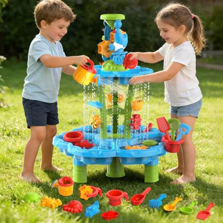 

3-Tier Toddlers Water Sand Table Multifunctional Summer Outdoor Toys with Stable Design Sensory Learning Backyard Poolside Beac