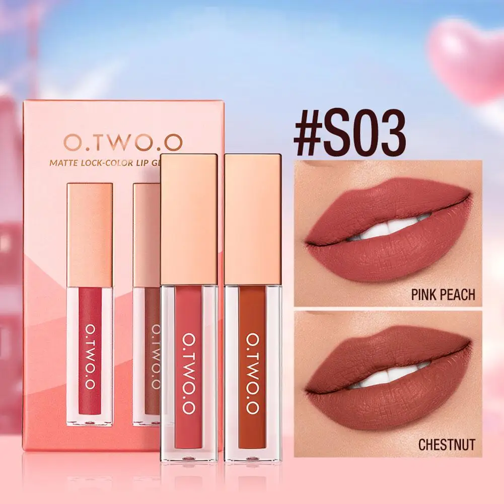 O.TWO.O 2 pz Rossetto Opaco Set di Trucco a Lunga Durata Impermeabile Color-blocking Lip Tint Sexy Antiaderente Velluto Lip Gloss Kit di Trucco