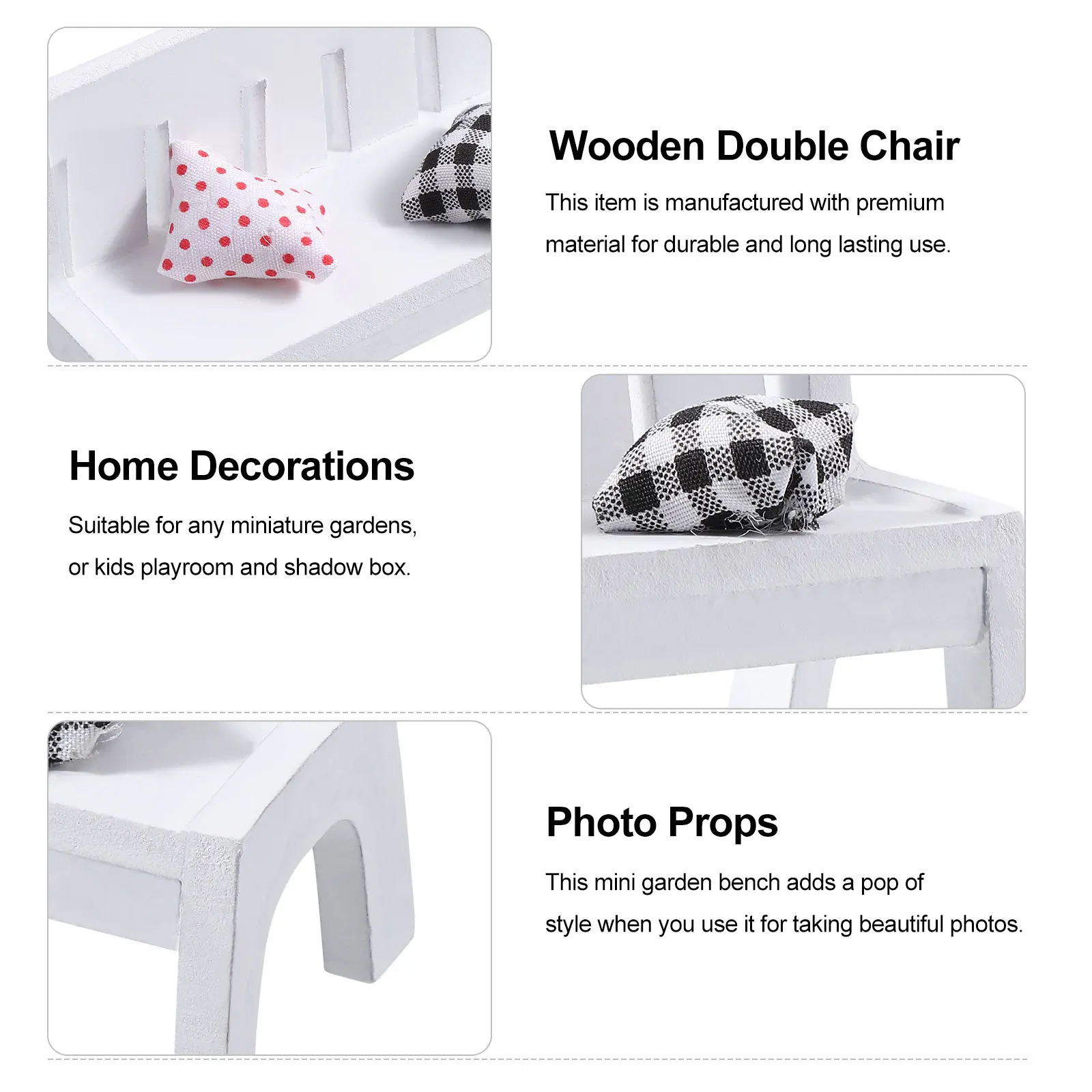 

3Pcs White Wooden Double Garden Bench Miniature Craft Ornament Home Decor Unique Hollow Design Photo Props Gift Idea