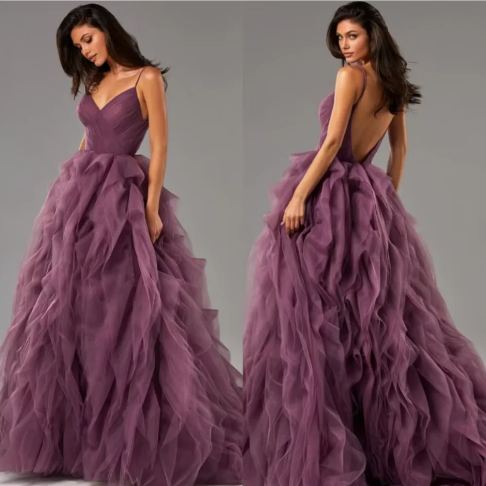 

Customized Elegant High Quality Spaghetti Strap Ball Gown Floor Length Party Dresses Fold Tulle Prom vestidos de ocasião formal