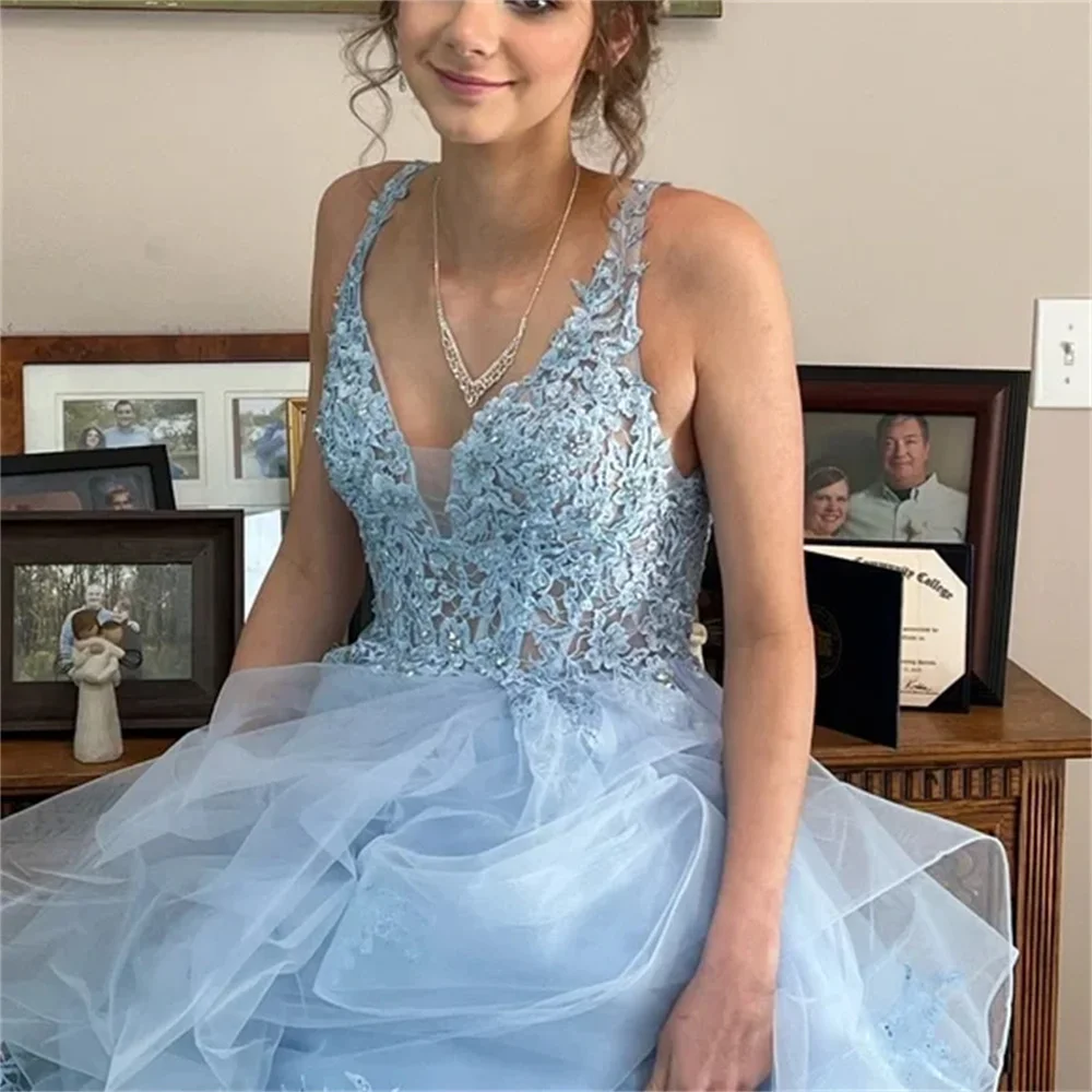 Cathy Sky Blue V-neck Wedding Dresses Star Appliques Tulle A-line فساتين سهرة Elegant Sleeveless Edge Curl vestidos de fiesta