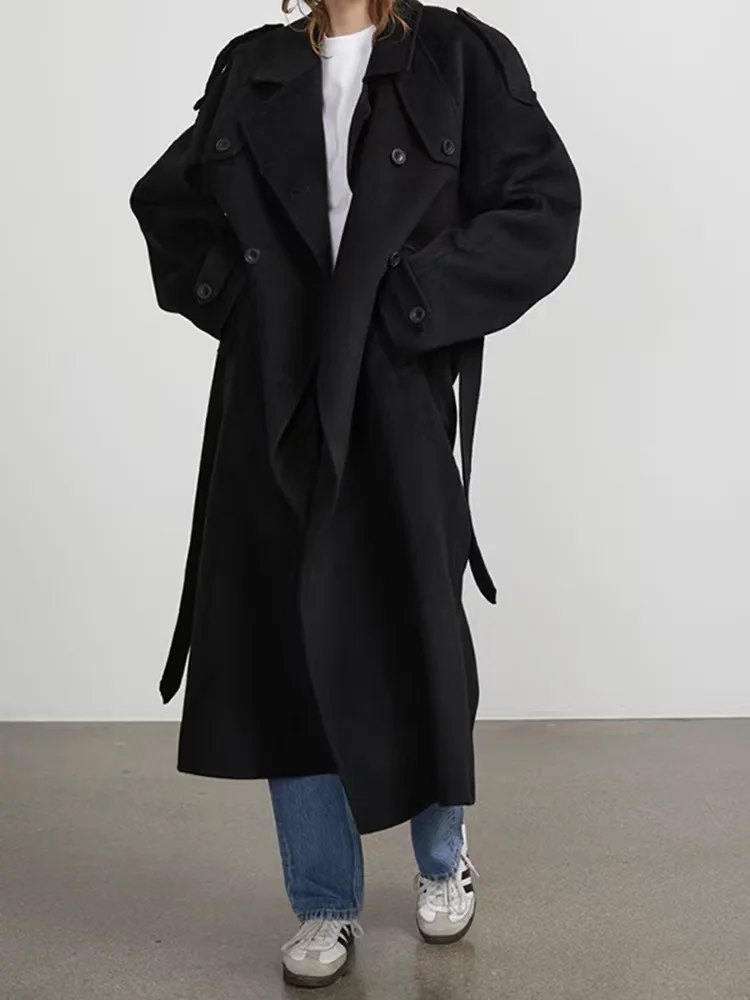 

Faionable повседневное свободное длинное шерстяное пальто све, женское осенне-зимнее новое двубортное пальто для поездок на работу, чистый цвет