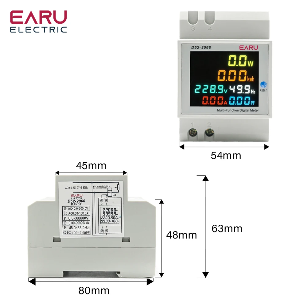 Din Rail Digital Voltmeter Current Power Wattmeter Electric Energy kWh Meter Frequency Volt Amp Monitor AC 220V 110V 380V 100A