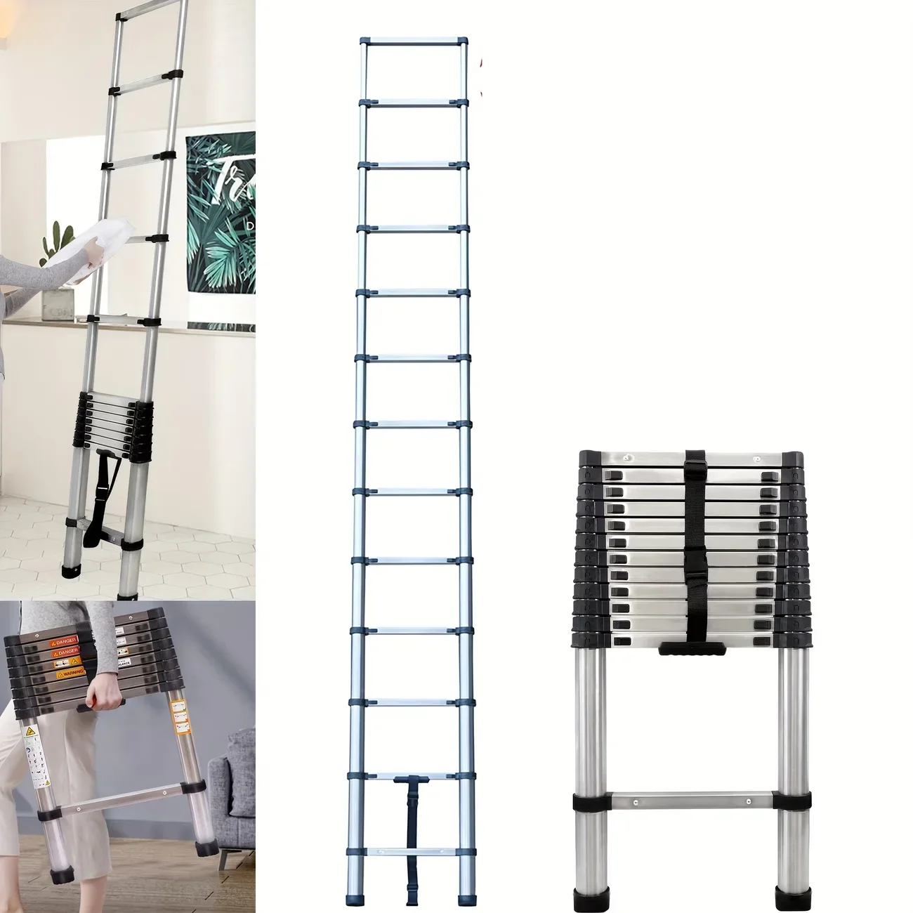 Roestvrijstalen telescopische ladder 6,3 m, 330 lb, zwaar belastbaar, opvouwbaar, antislip, voor thuis, camper, zolder
