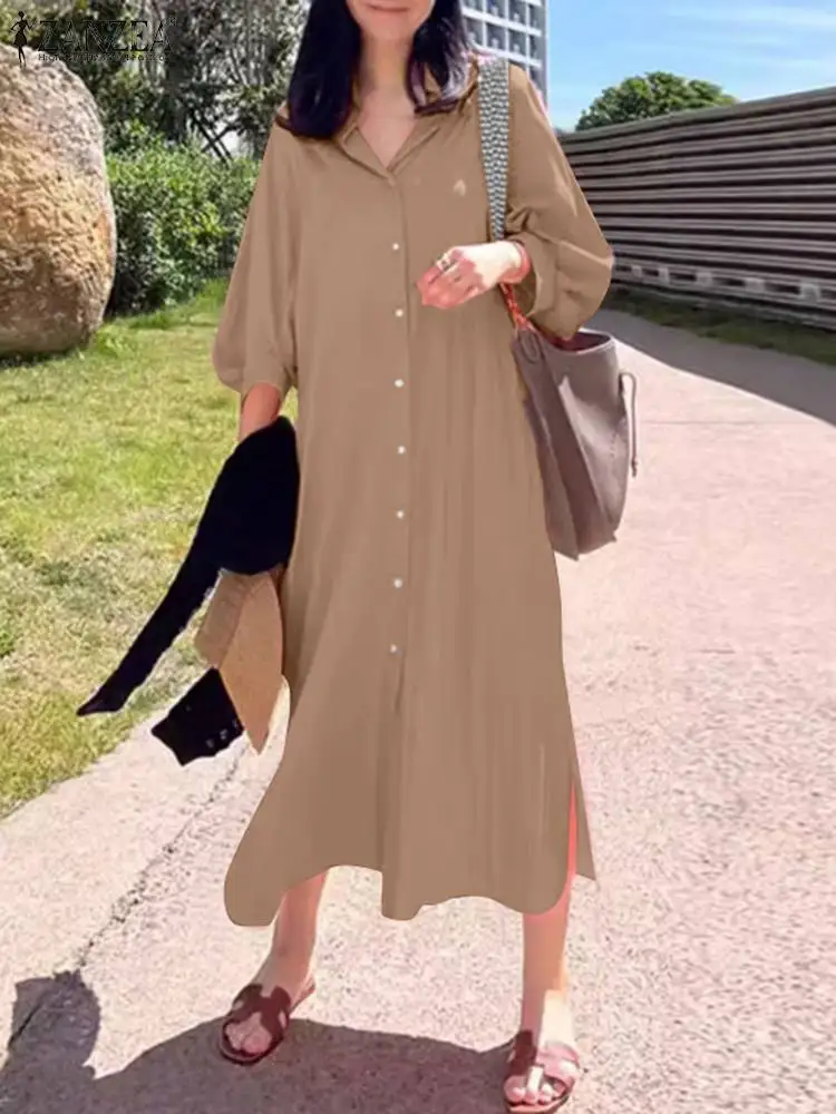 ZANZEA Women Slit Hem Midi Dress Long Sleeve Turn-down Collar Korean Fashion Casual Shirtdress Holiday Solid Color Long Vestidos