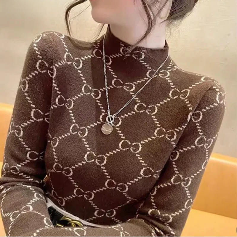 Autumn Winter Fashion Vintage Half High Collar Pullovers Women Y2k Letter Jacquard Sweaters Elastic Slim Wool Knitwear