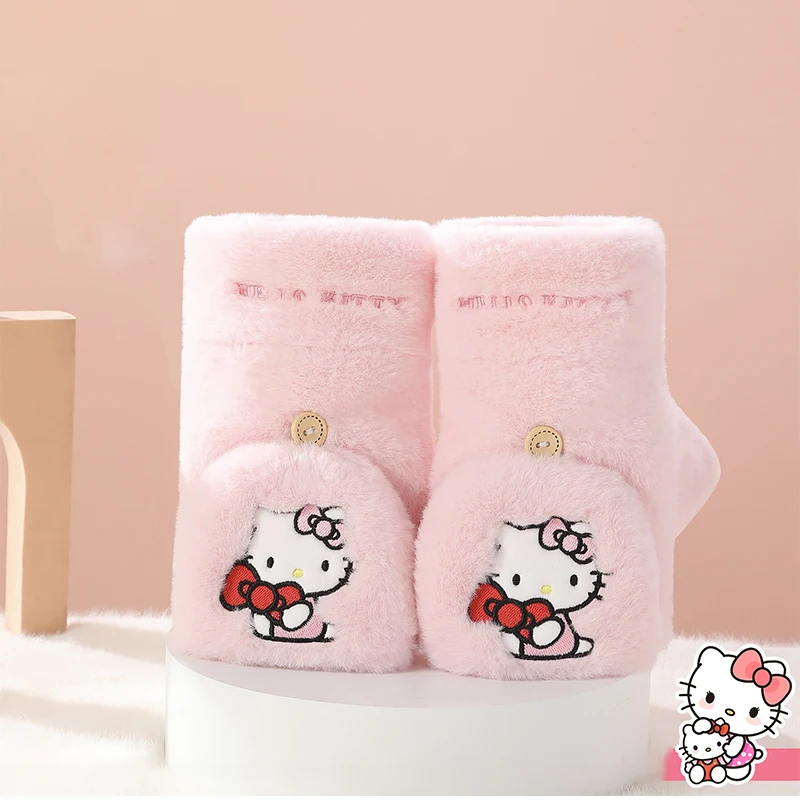 Kawaii Sanrioed Girls' Warm and Windproof Gloves Cute Cartoon Hello Kitty My Melody Cinnamoroll Winter Plush Flip Gloves