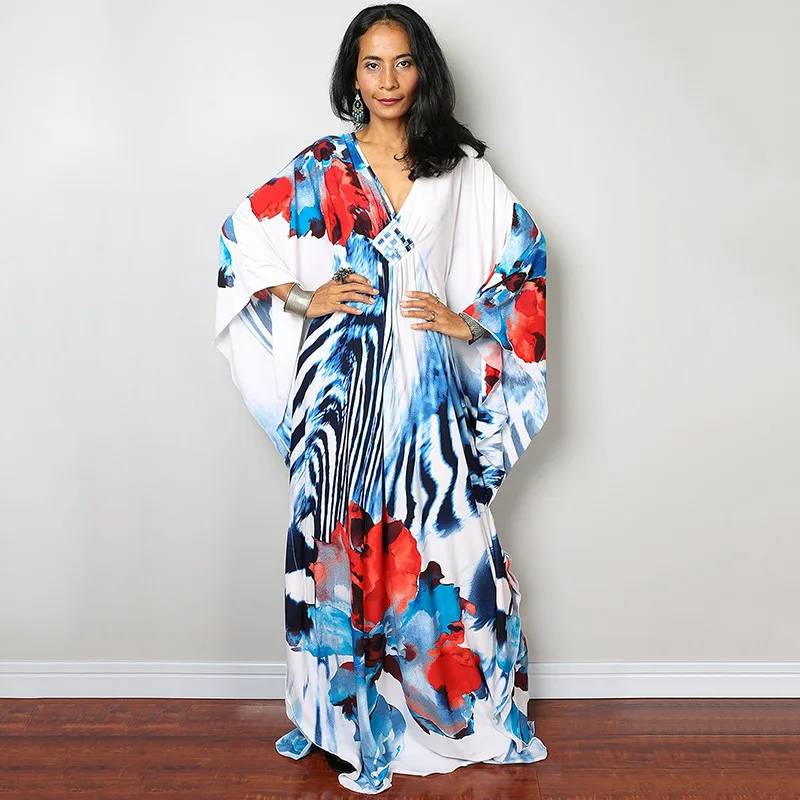 

2023 Print Maxi Dress Batwing Sleeve Tunic Spring/Autumn Beach Dress Tunic Casual Plus Size Women Beachwear Kaftan Sarongs