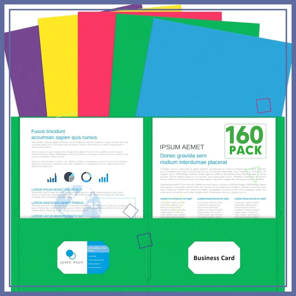 

Two Pocket Folders, 160 Pack Letter Size File Folders for School Office Home Business, Assorted Colors