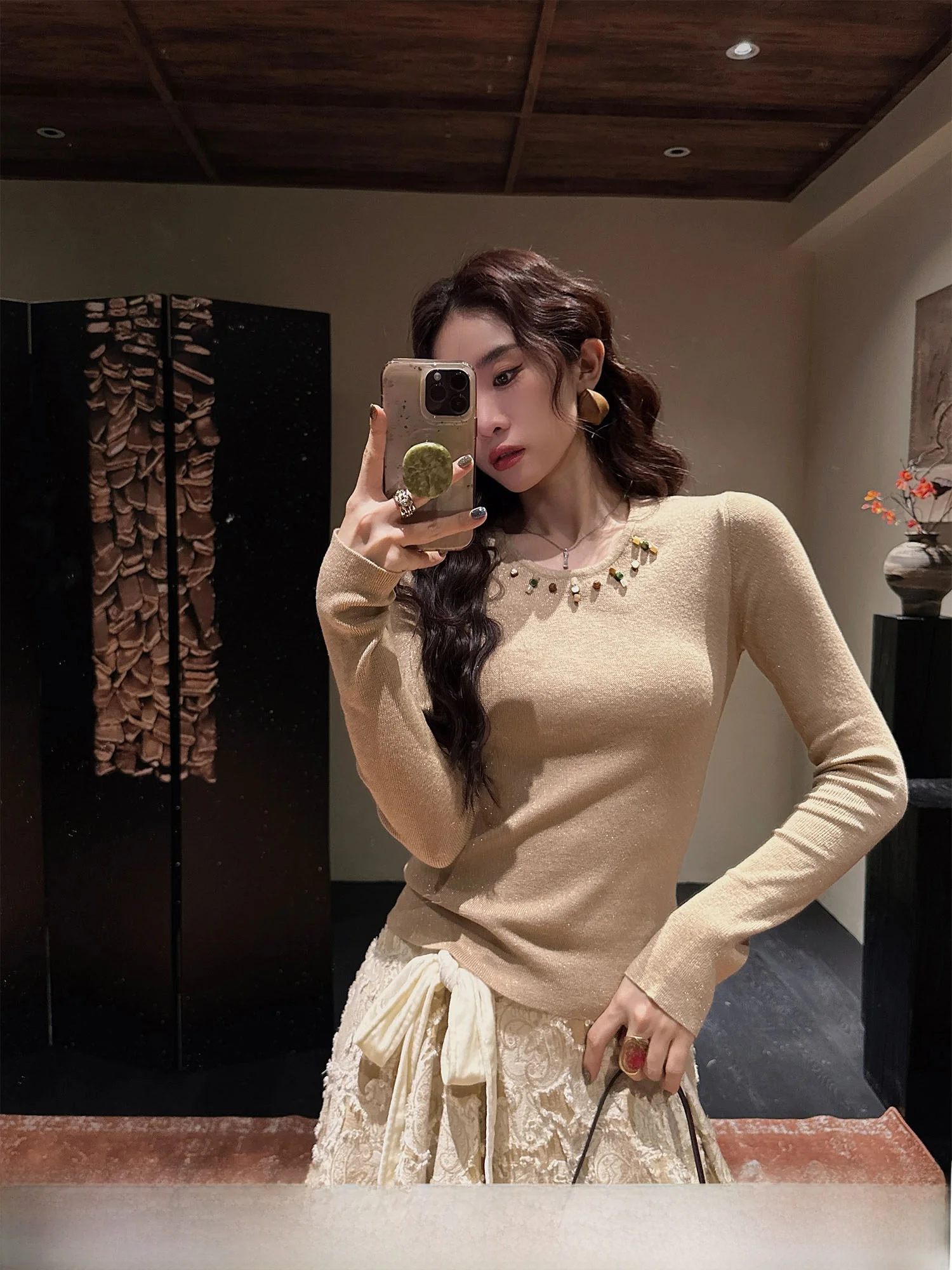 

Sanji Bla Flower Woolen Knitted Top Women's Base Layer irt Trendy Gold Weave eep Wool Knitted Sweater Commute Sle Loo...