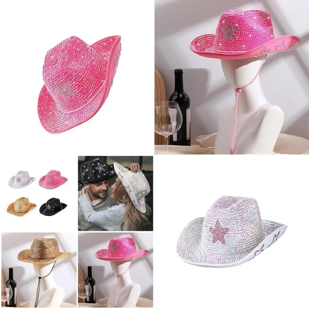 

R1WE Shining Fedoras Hat with Rhinestones Star Women Men Stage Performances Headwear