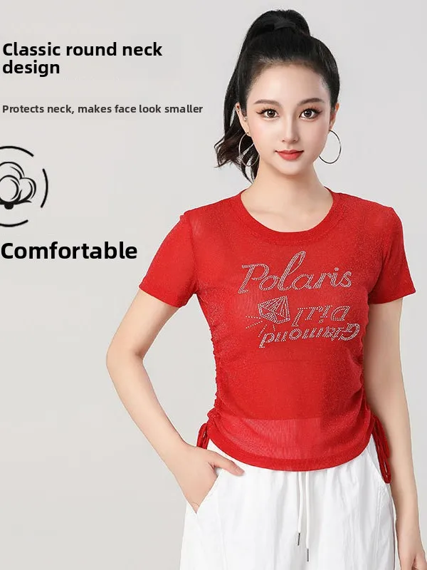 Yang Li New Square Dance Clothing Women's Summer Breathable Short Sleeve T-Shirt Cotton Drawstring Fitness Sport Top