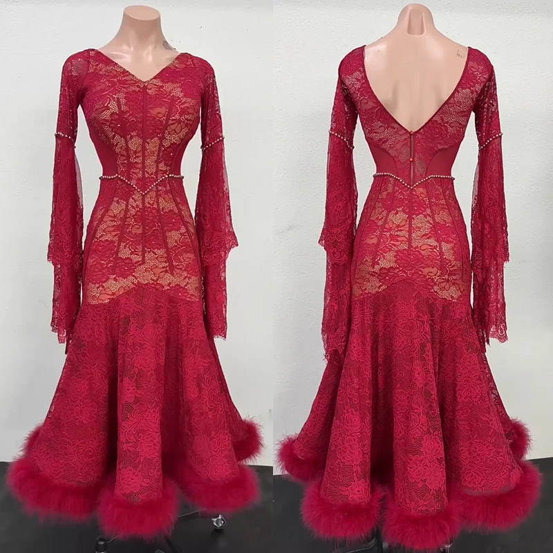 

Wine Red Lace Ballroom Dance Dress Women Long Sleeves Feather Dresses Waltz Dance Performance Competition Dress Adult BL16672