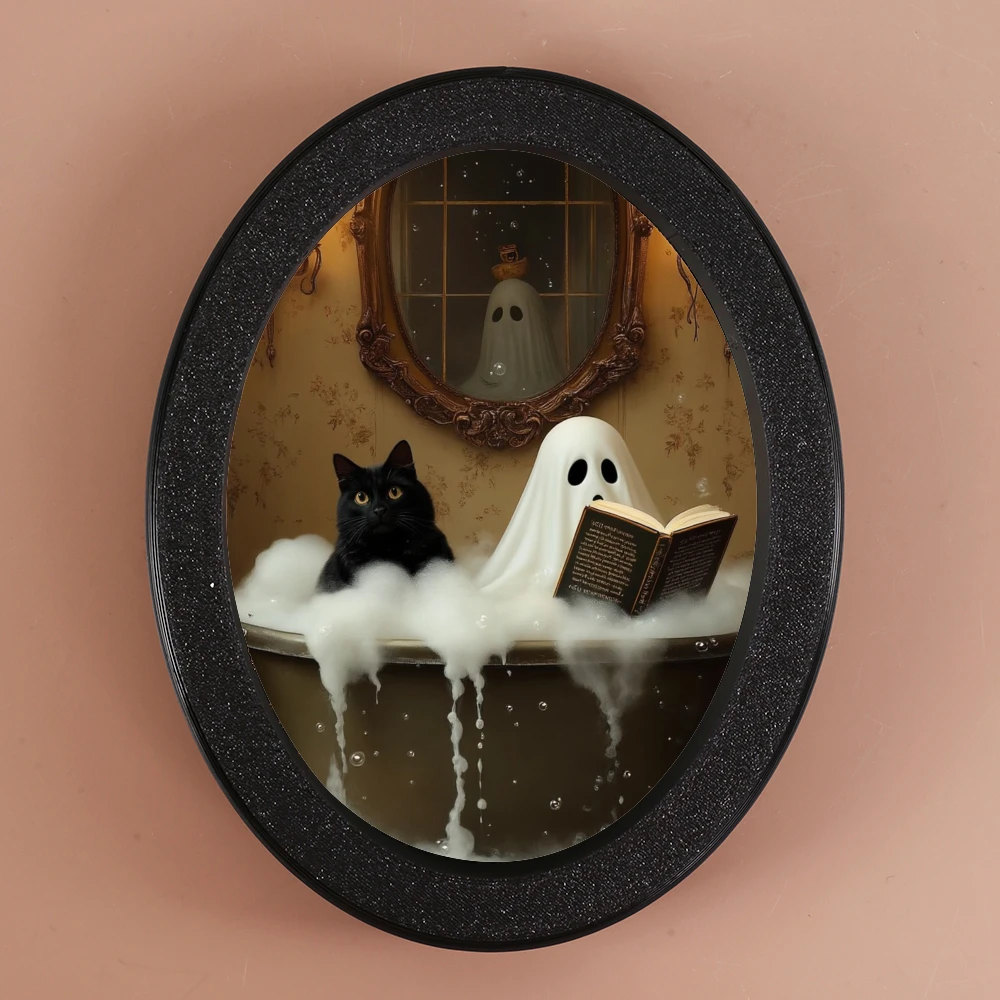 1 Piece Ghost & Black Cat - themed Oval Decoration, Retro Black Frame Shows Bathtub Scene, Creates Fantasy & Healing Atmosphere,