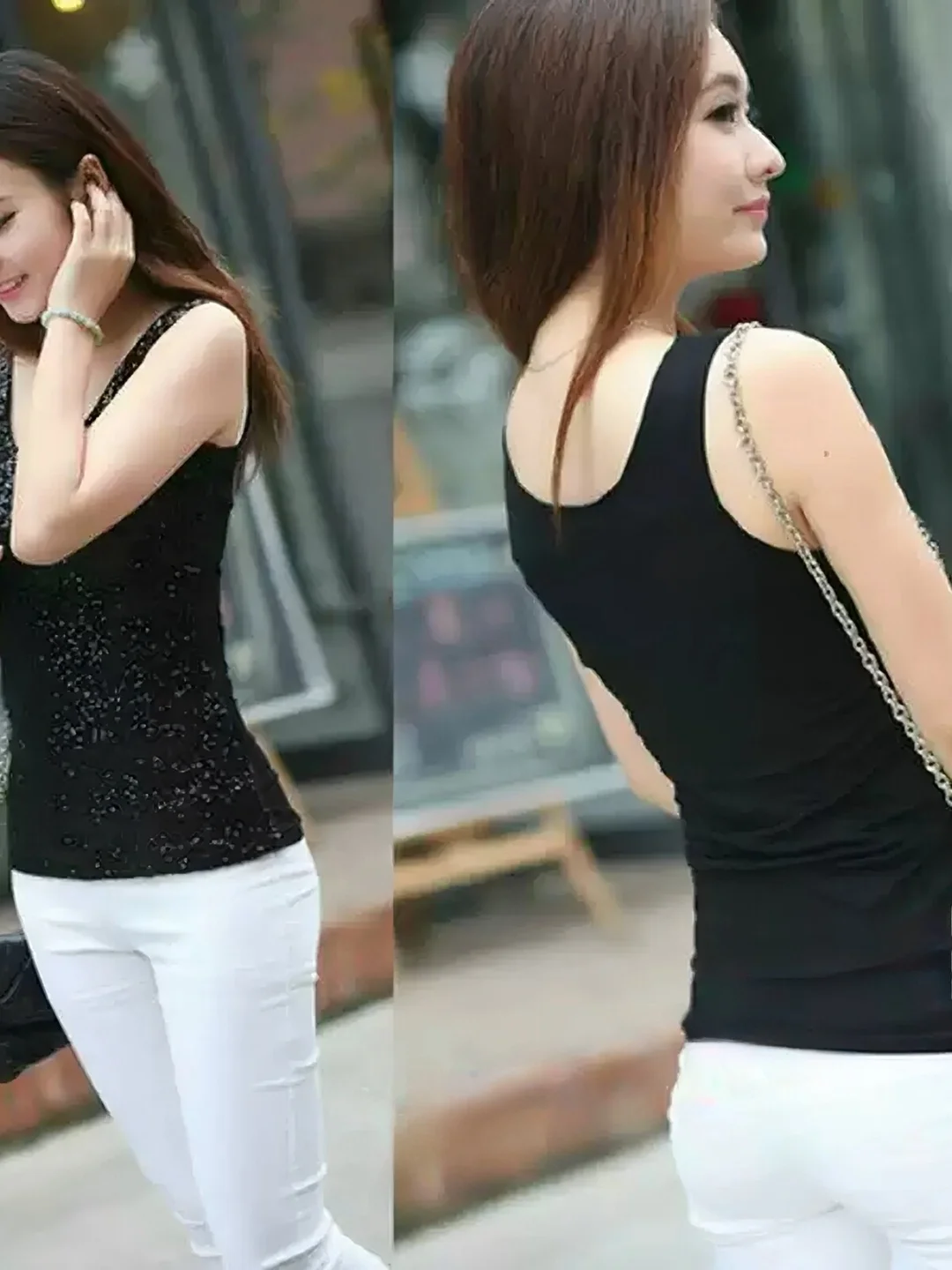 Sexy Short  Halter Vest Women's Performance Outfit Summer Bright Sequins Base Layer Outerwear Simple Match Black Tank Top