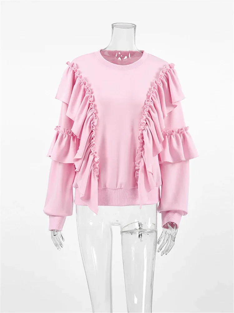 2025 Autumn Knit Ruffled Pullover Women's Patchwork Fashion Loose Solid High Waist Knitwear Sweatshirts Female Elegant Hoodies