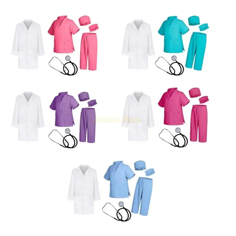 31BF Costume da dottore finto, set da 6 pezzi per bambini, in cotone, per giochi ruolo, uniforme, vestito divertente