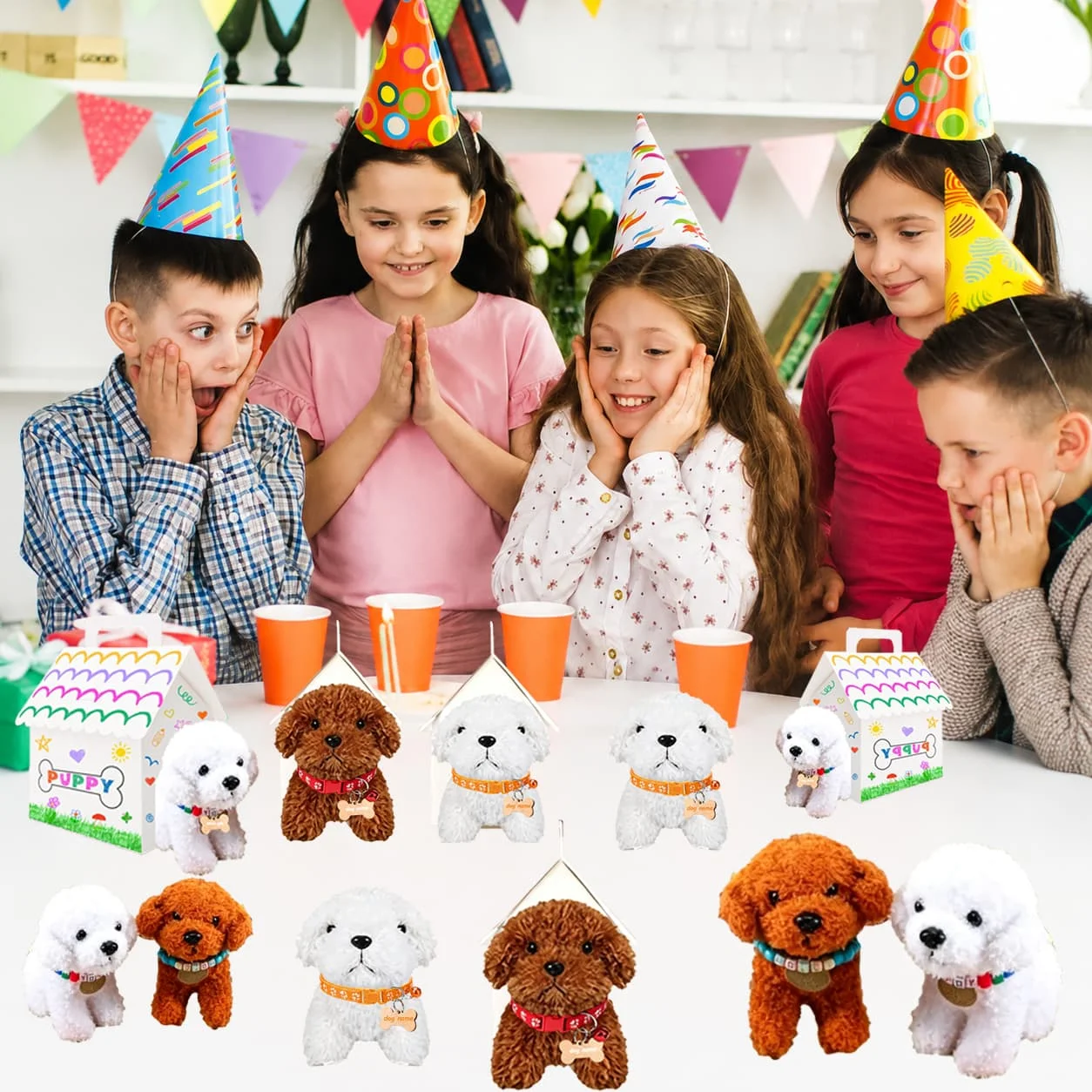 6-48er-Set DIY Adopt-a-Puppy-Party-Geschenke Teddyhund Großpackung Geburtstags-Adoptionsparty-Hunde Plüsch mit Hausperlen, Halskette, Glocke, Halsbändern – Detail 3
