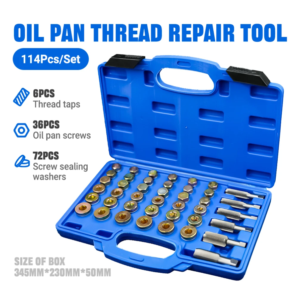 Oil Pan Drain Plug Thread Repair Kit 114 Piece Set - Complete Automotive Rethreading Tool with Multiple Metric Sizes M13-M22