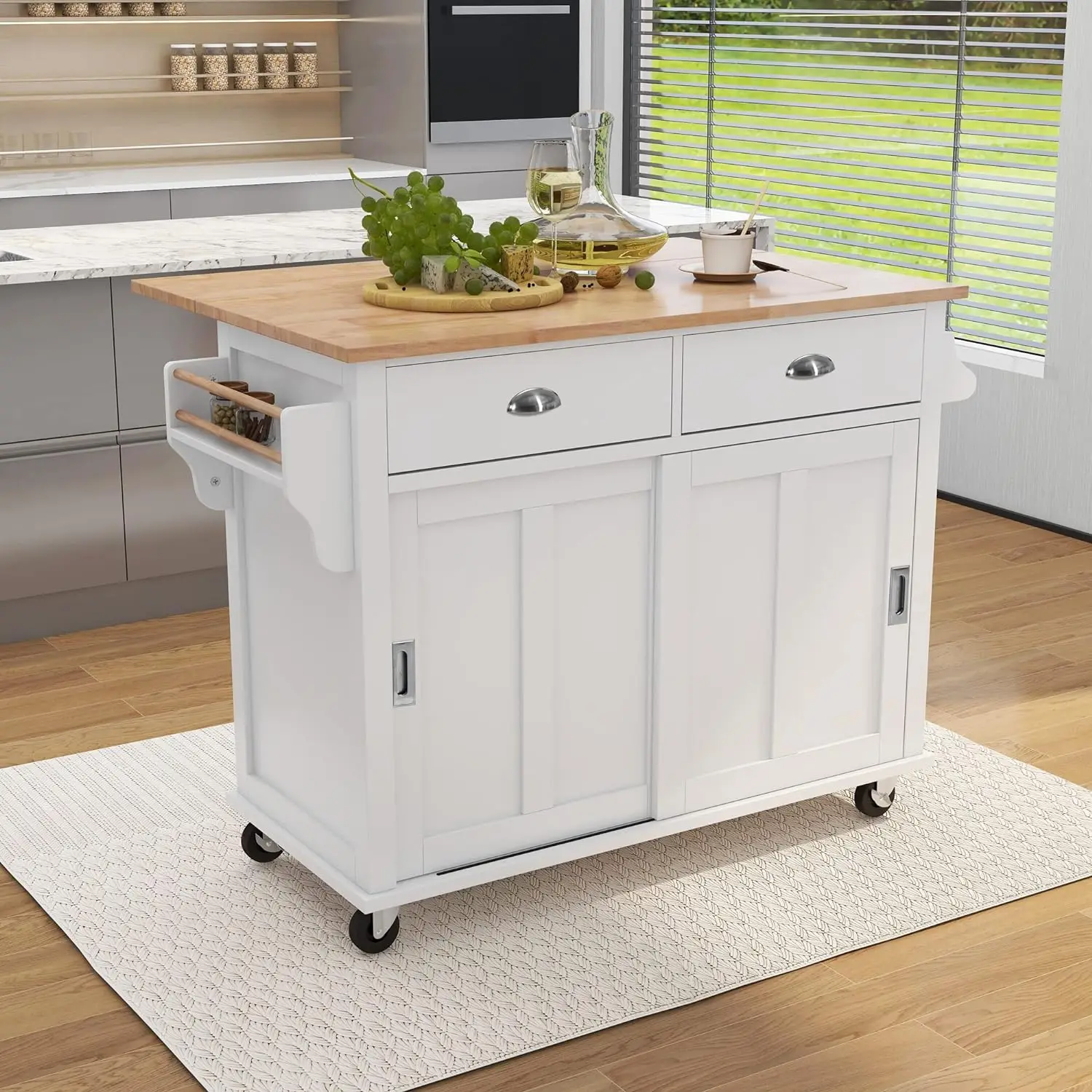 

Kitchen Island Cart on 4 Wheels with Concealed Sliding barn Door Adjustable Height,Rubber Wood Drop-Leaf Countertop+Storage