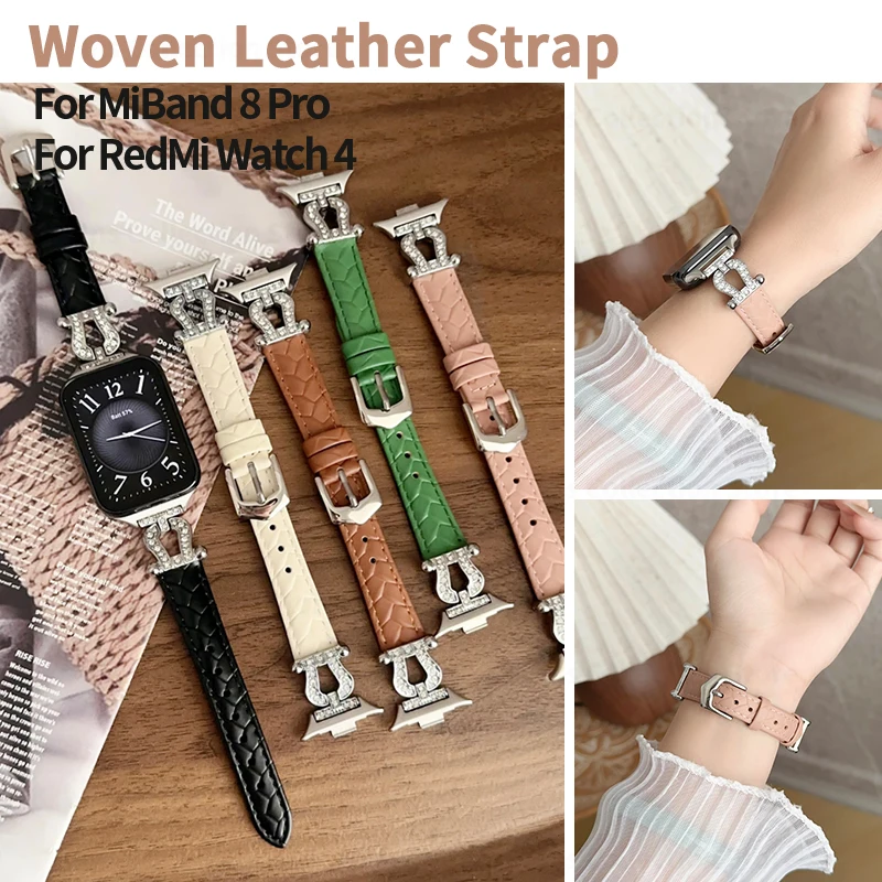 

Woven Leather Strap for Xiaomi Mi Band 8 Pro Women Diamond Bracelet for Redmi Watch 4 Replacement Smartwatch Wrist Accessories