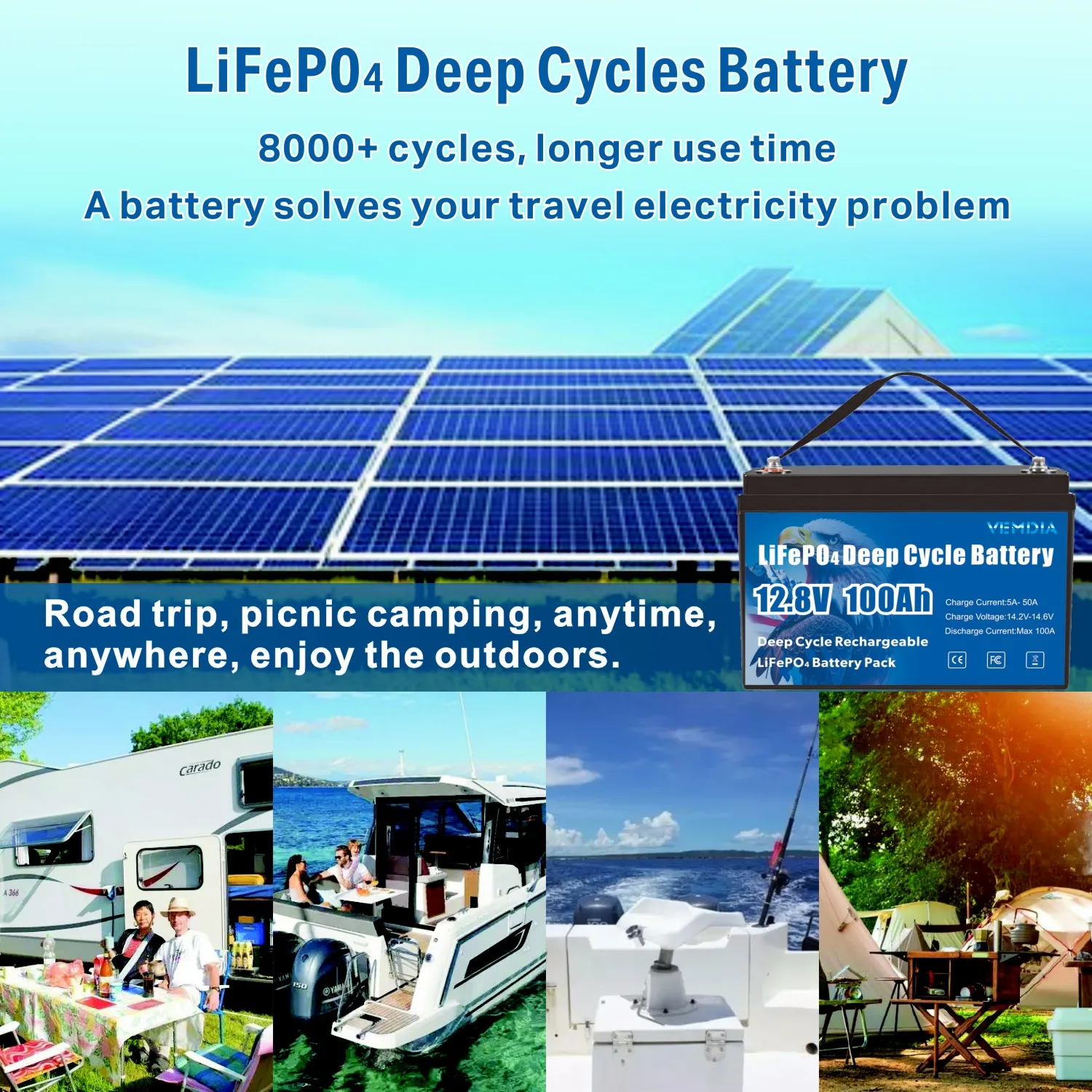 VEMDIA Portable 12V 100Ah LiFePO4 Battery for Golf Cart Boat Off-Road Off-grid Solar Storage