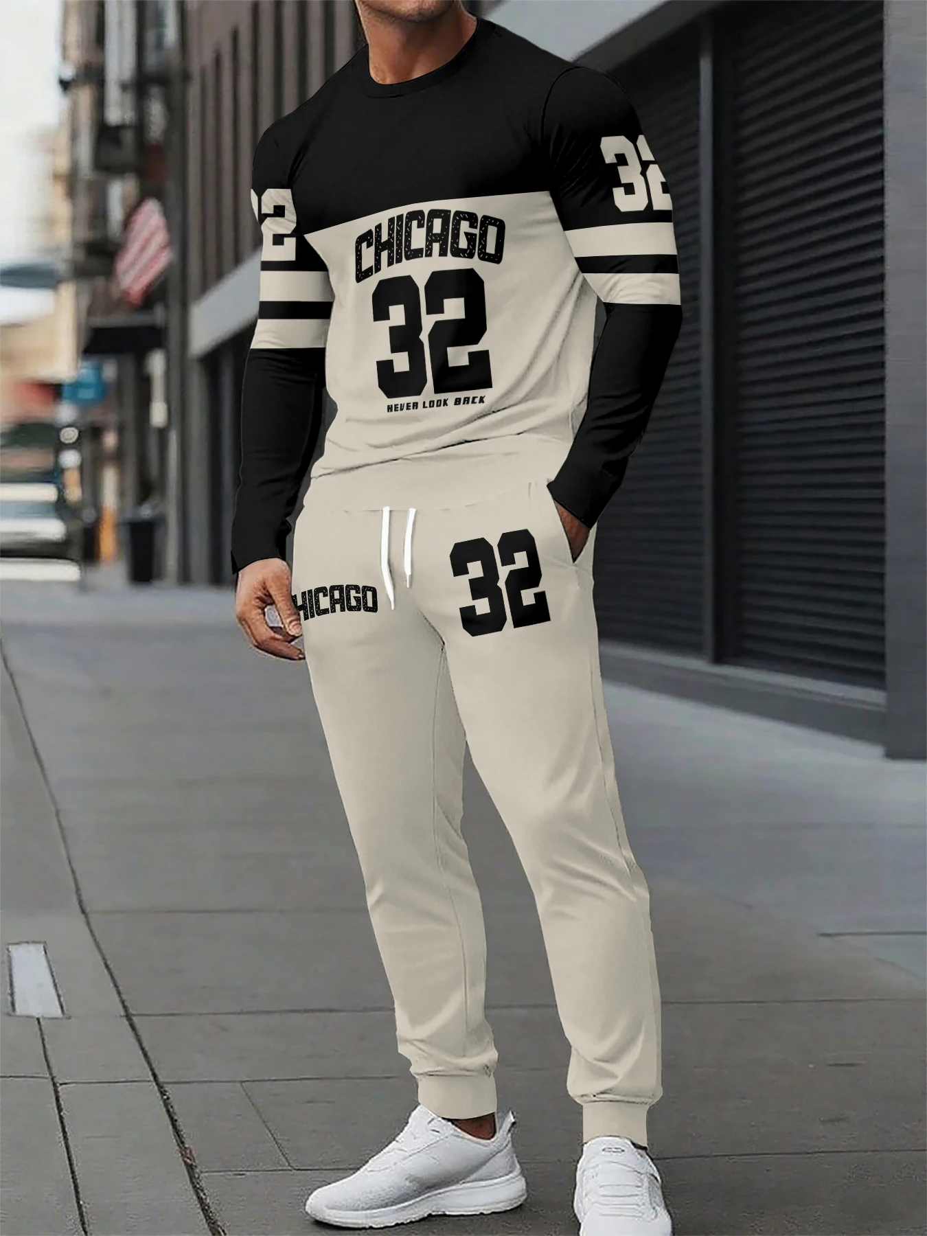 

Мужской осенний спортивный костюм с принтом, модная повседневная толстовка с круглым вырезом, брюки с градиентным буквенным принтом, трансграничная