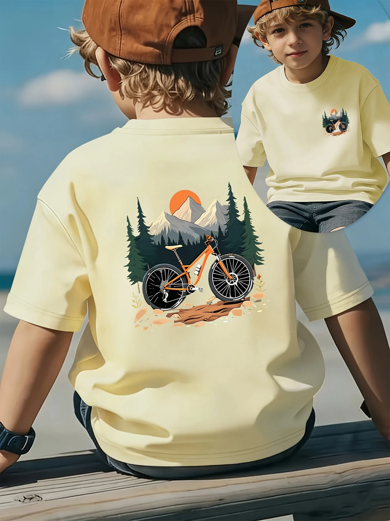 Boys Front & Back Print T‑Shirt, Mountain Bike Off‑Road Forest Snow‑Mountain Scenery Graphic Crew Neck Tee for 1‑14Y