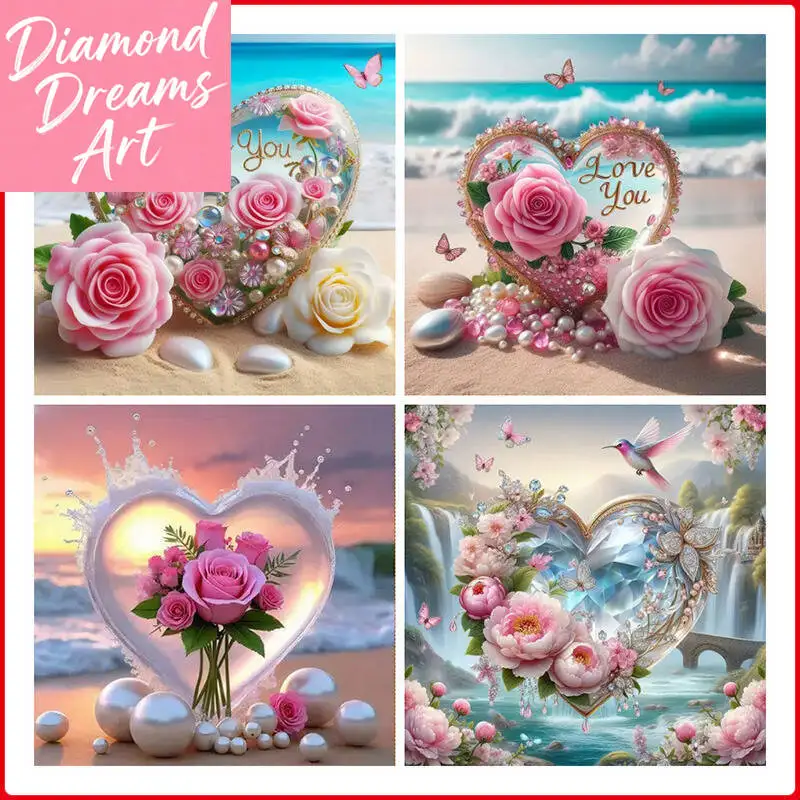 Frameless, Seaside Pink Rose Flower Heart Diamond Painting Bird Full Square Round Diamond Mosaic Picture Of Rhinestones Set