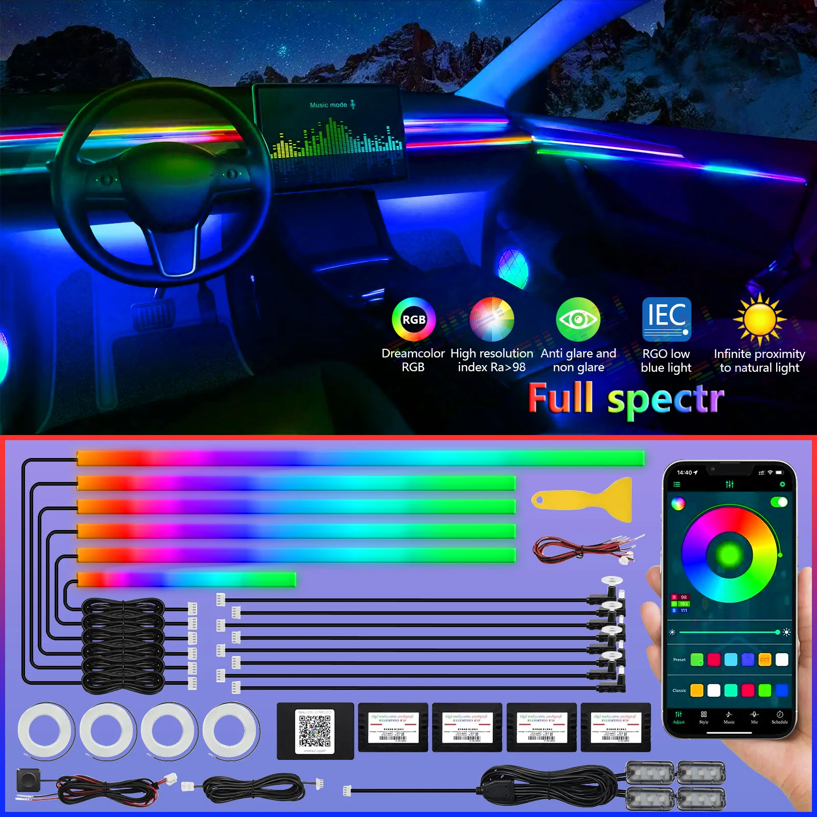 6/18 In1 Full Universal Symphony Car LED Ambient Lights Decoration Atmosphere Lamp 64 RGB Colorful Streamer Rainbow App Control