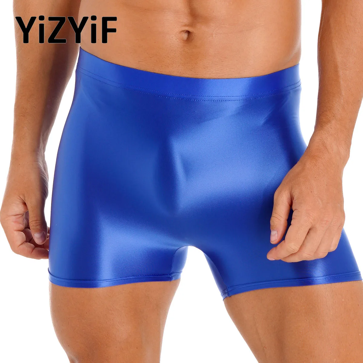 

Mens Oil Shiny Glossy Boxer Briefs Shorts Pants High Waist Elastic Fitness Gym Short Leggings Bulge Pouch Trunks Bottom Swimwear