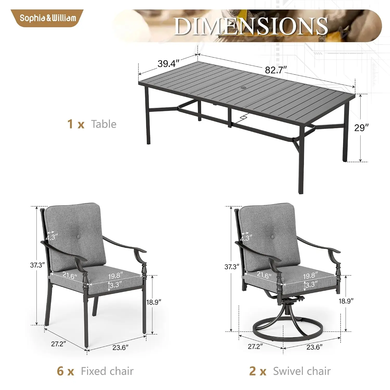 Outdoor Dining Set for 8, Rectangle Metal Table & Chairs