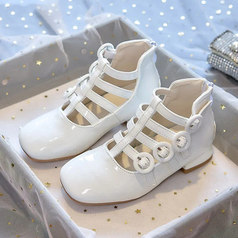 Girls Glossy Leather Shoes Spring and Autumn New Catwalk Hollow Short Boots Children's Silver Multi-strip Zipper Boots