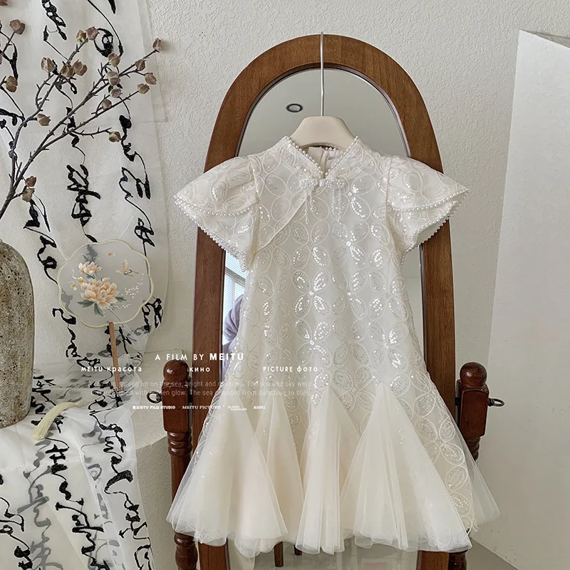 Girl's Fishtail Dress Cheongsam Dress24Summer Children's Little Girl Sequined New Chinese Style Buckle Princess Tulle SkirtChang