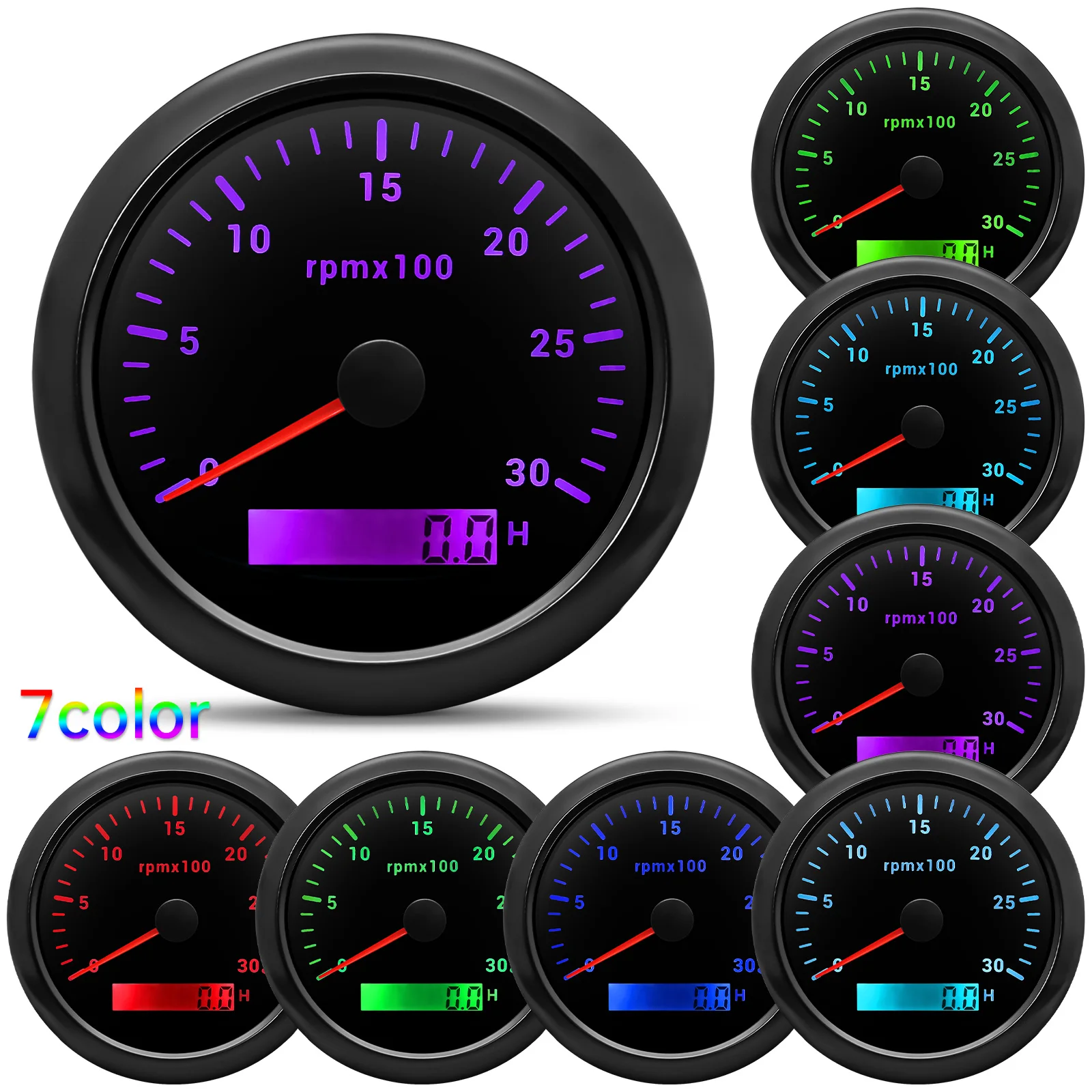 3000RPM-8000RPM Tachometer with LCD Hour Meter 7Colors Backlight Car RPM Gauge or with M16/M18 sensor