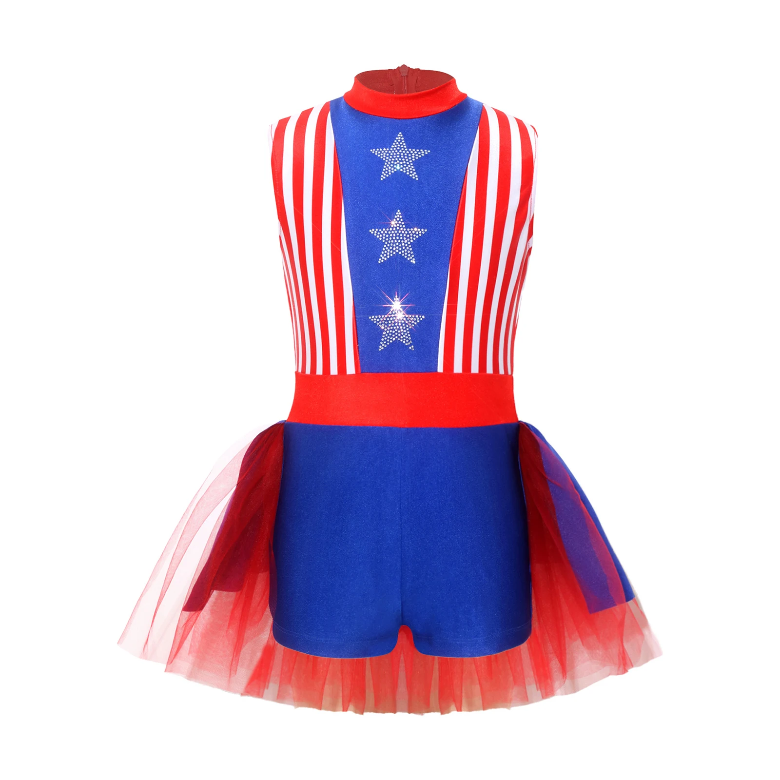July 4th Independence Day Costume Rhinestone Stars Striped Tutu Dress Leotard for Skating Gymnastics Ballet Dance Tulle Dress