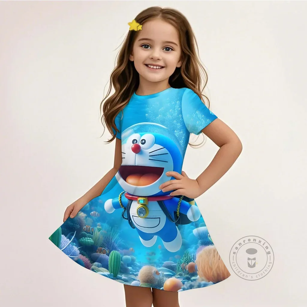 

3D Printed Popular Doraemon Design Girls Dress Short Sleeve Round Neck Summer Kawaii Cute Loose Fit Outfit For Children