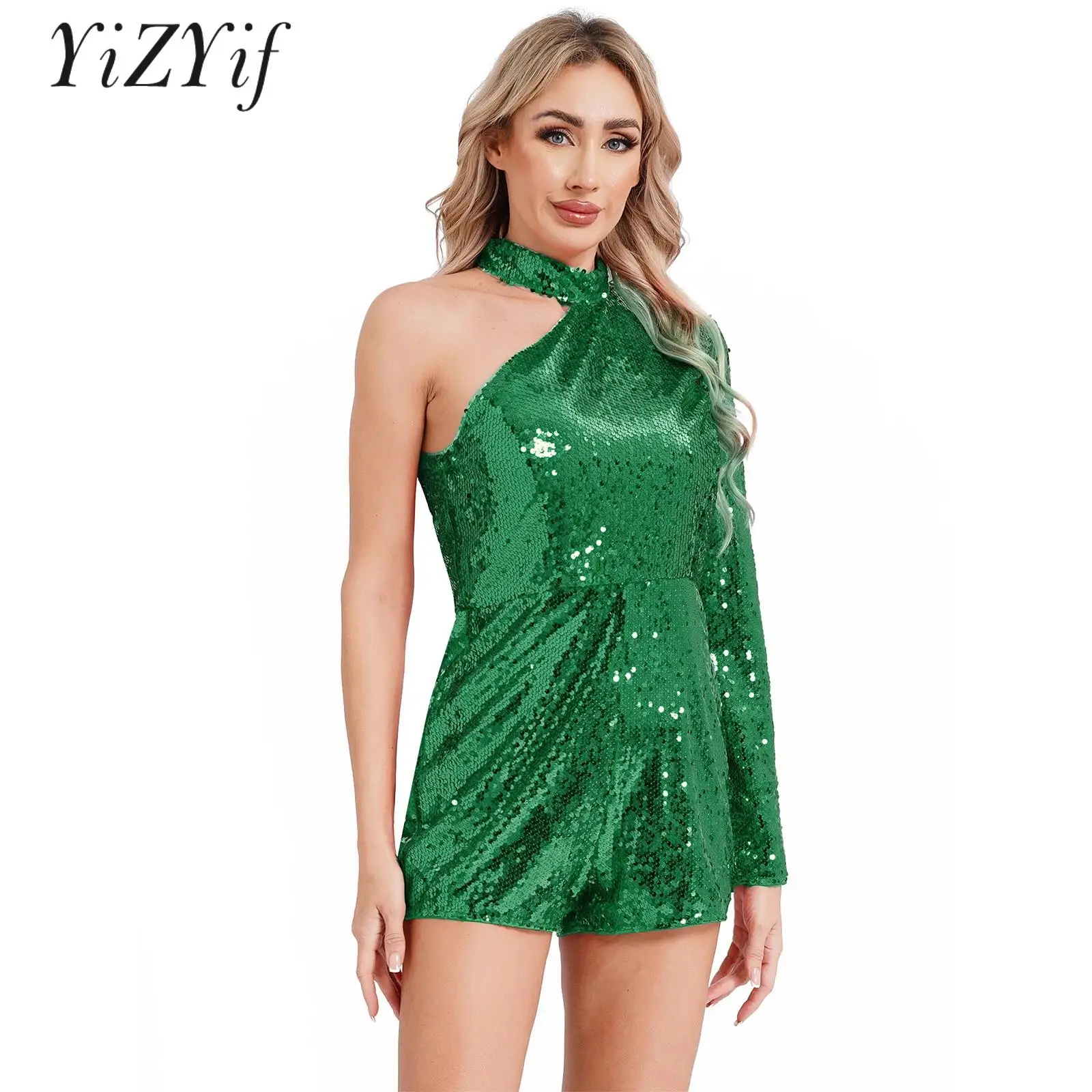 

Women's Sequin Party Clubwear Romper Shorts Jazz Latin Dancewear One Shoulder Disco Music Rave Party Dressy Bottoms Jumpsuit