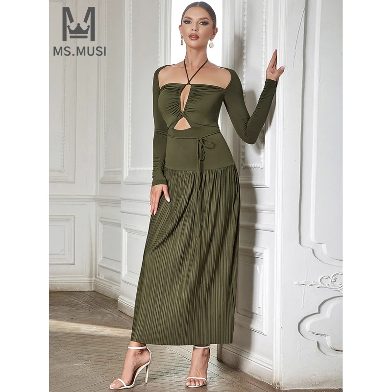 MSMUSI 2025 New Fashion Women Sexy Halter Off The Shoulder Hollow Out Draped Fold Long Sleeve Bodycon Party Event Maxi Dress