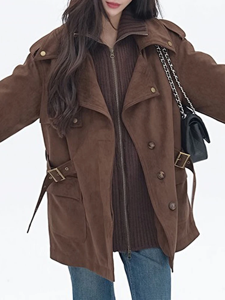 

Faionable Retro Splicing Women's Cotton Jaet Mid-Length Stand Collar Waist-Cinching Coat Korean Sle Commute Clothes