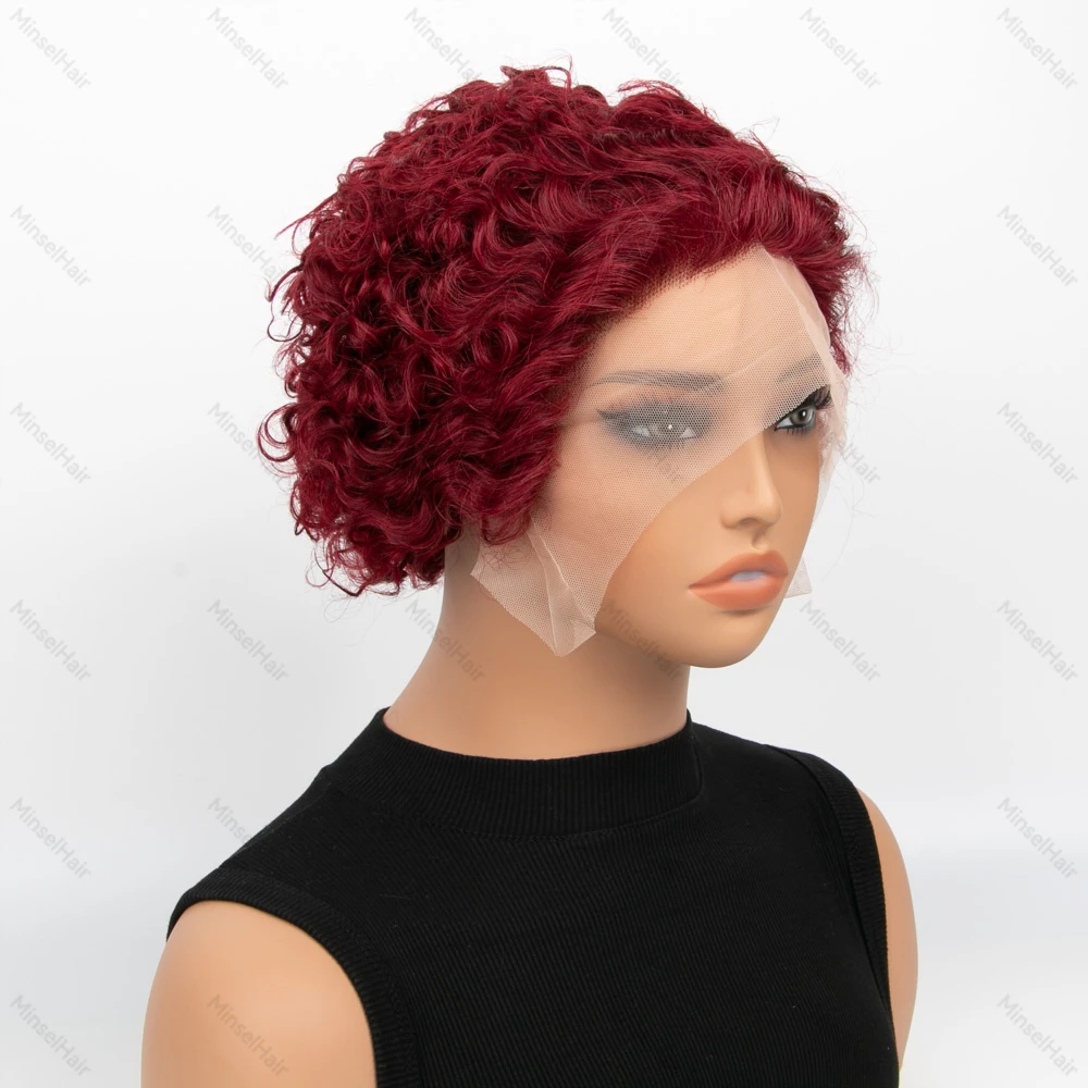 99Jピクシーカットウィッグ人毛ショートカーリーレースフロント人毛ウィッグブラジルウォーターウェーブボブウィッグ13x1透明レースウィッグ