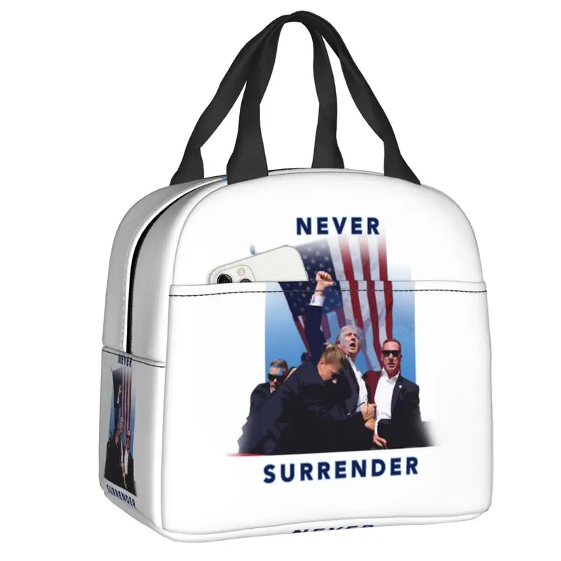 

Custom Never Surrender Trump Insulated Lunch Box Women Reusable Warm Cooler Thermal Lunch Bag Picnic Food Container Tote Bags