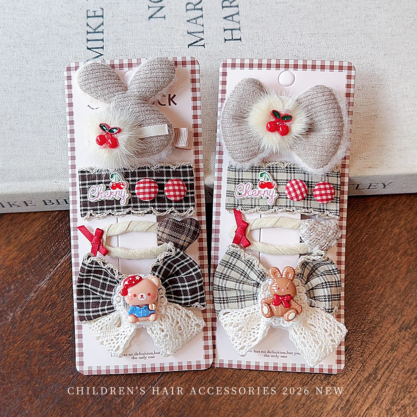 Toddler Cute Cartoon Hair Accessory Set Brown Plaid Bow Hairpin Fuzzy Pom Pom Lace Kids Hair Clips Korean Hair Clips for Girls