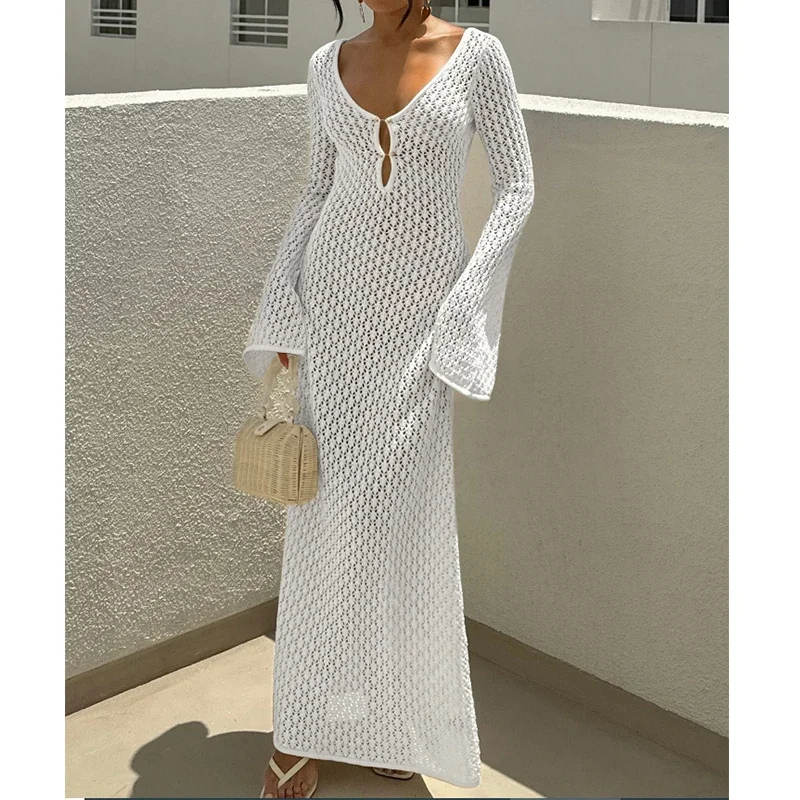 BluWin New Style Knitting Hollow Out V-Neck Long Sleeve Dress Ladies Beach Holiday Backless Bikini CoverUps Sunscreen Long Dress