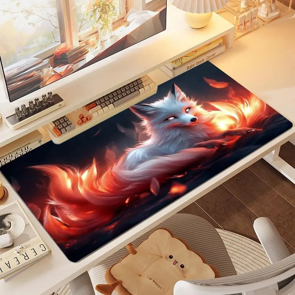 Vivid Stain Resistant High Definition Print Fire White Fox Large Size Table Mat Mousepad For Intense Laptop Gaming Tasks