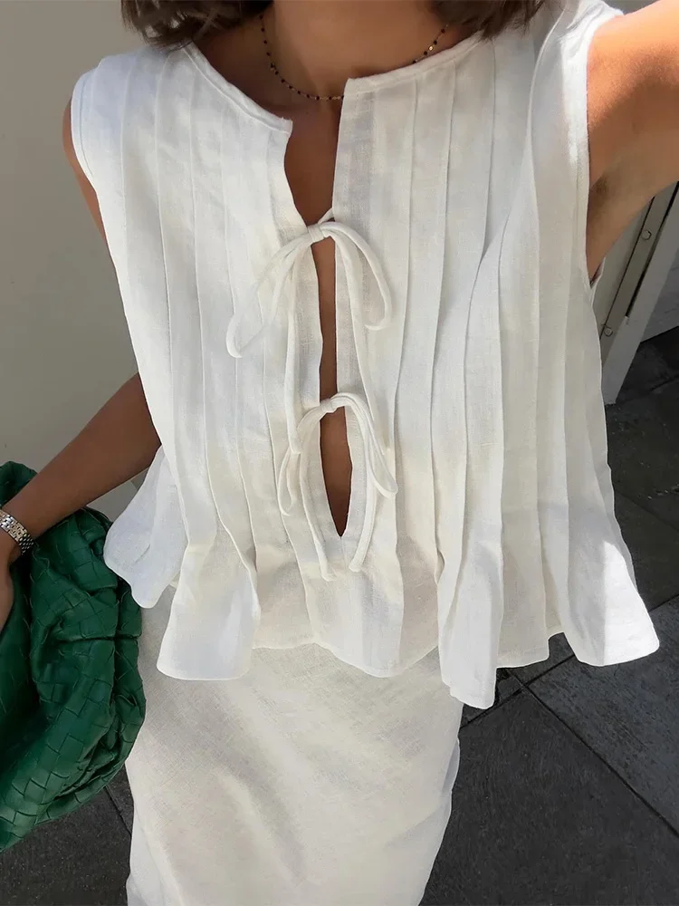 Women Elegant White Long Skirt Sets Fashion O-neck Hollow Out Lace Up Pleated Ruffles Vest Suits Summer Female Commuting Outfits